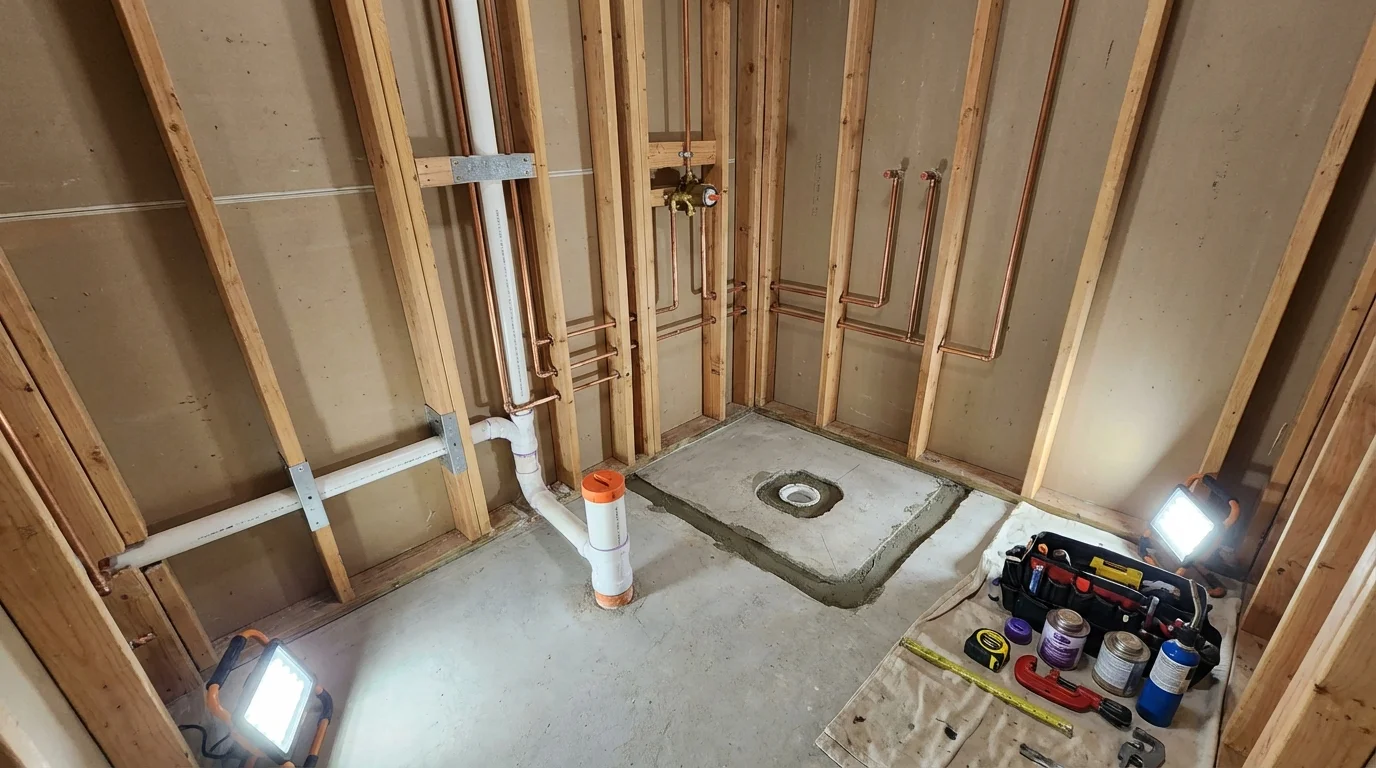 Bathroom rough-in plumbing during remodel by Johns Plumbing LLC in Berlin