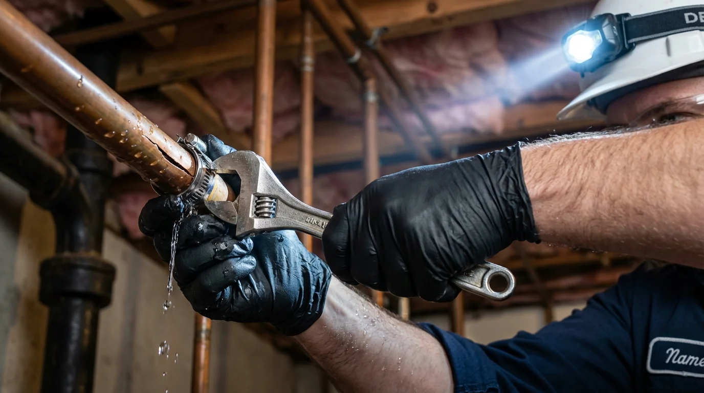 Emergency pipe clamp repair being performed by a Johns Plumbing LLC plumber in Berlin