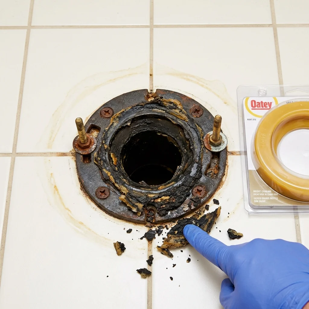 Failed wax ring showing water seepage at the base of a toilet in a Berlin, CT home