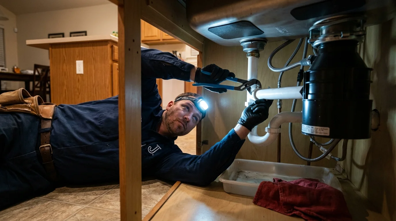P-trap and supply line connections under a kitchen sink showing a common leak point in Berlin, CT
